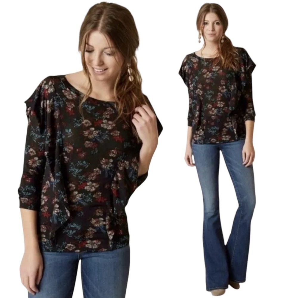 Free People Floral Blouse - Black and Multicolor